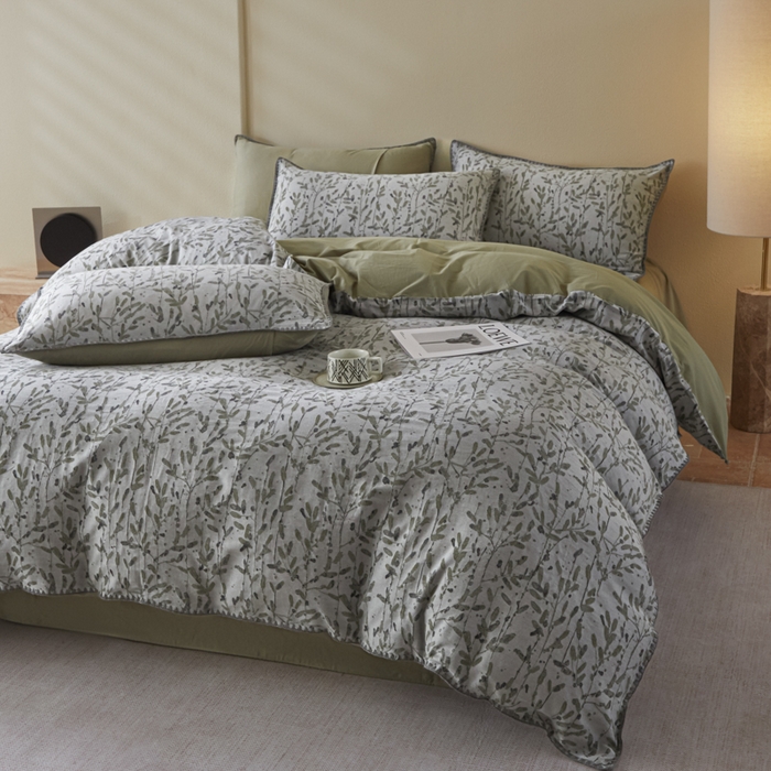 91家纺网 家纺一手货源 找家纺 2025新款亲肤全棉三层纱提花四件套 叶语-兰苕