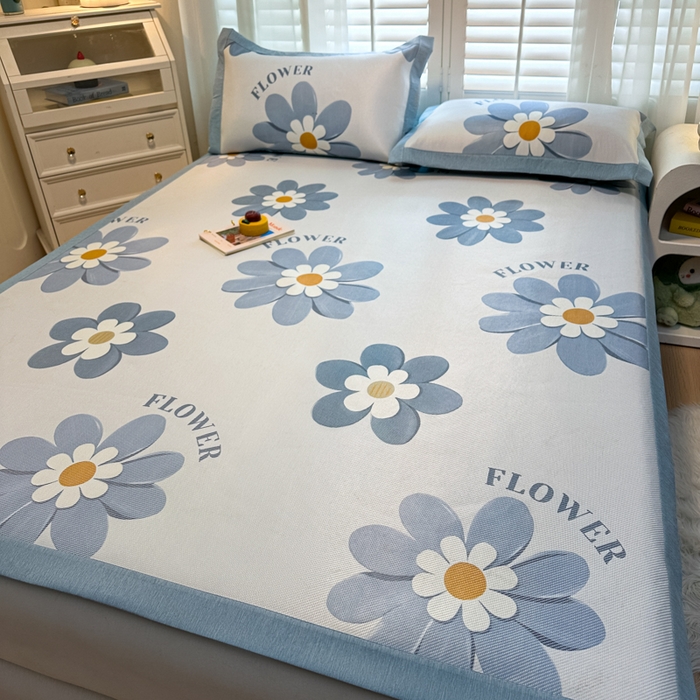 91家纺网 家纺一手货源 找家纺 席佬大 2025新款高克重卡通数码印花冰藤席床席床笠款 花语-平铺款