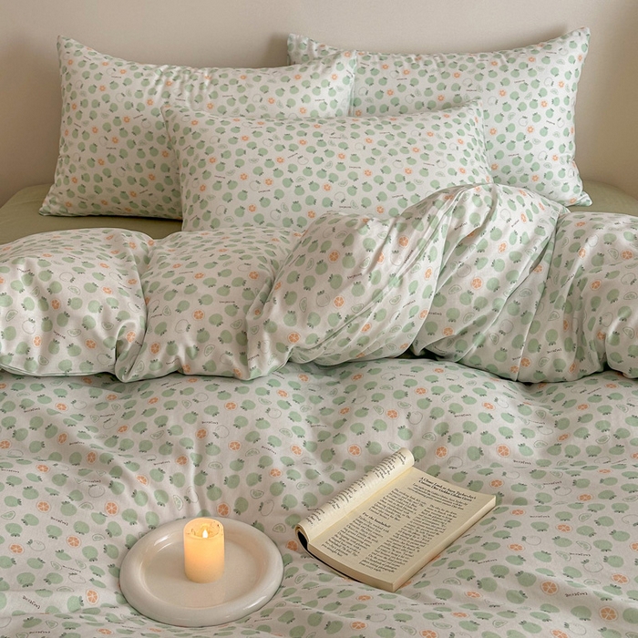 91家纺网 家纺一手货源 找家纺 塞纳 2026新款.全棉有氧双层纱四件套-场景一 大橘大利-绿