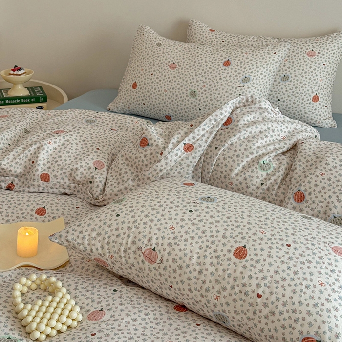 91家纺网 家纺一手货源 找家纺 塞纳 2026新款.全棉有氧双层纱四件套-场景一 南瓜派对-黄