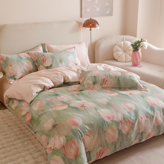 91家纺网 家纺一手货源 找家纺 2025新款全棉纯棉【如梦令】红金裸盖棉四件套【标准号全网控价（折后券后）不低于199元】 青枝柔蔓