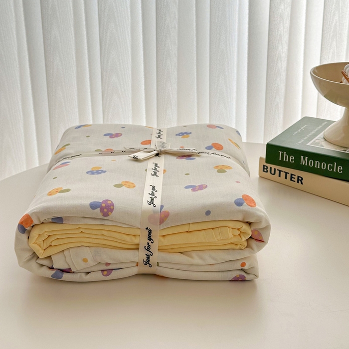 91家纺网 家纺一手货源 找家纺 2025新款全棉有氧A类母婴级双层纱印花四件套 彩菇轻语