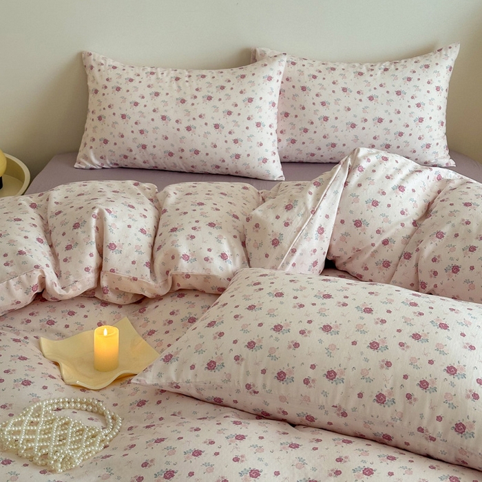 91家纺网 家纺一手货源 找家纺 塞纳 2026新款.全棉有氧双层纱四件套-场景一 艾莉花园-杏