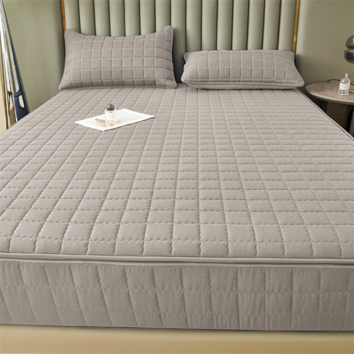 91家纺网 家纺一手货源 找家纺 欧邦 2025新款水洗原棉六面全包夹棉床笠 简雅灰