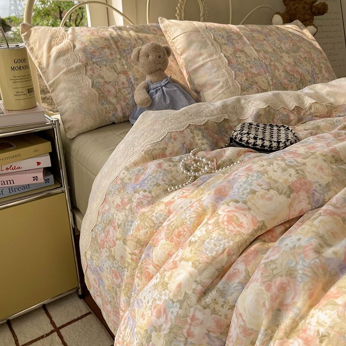 91家纺网 家纺一手货源 找家纺 （总）HL原创 2025法式花边油画风全棉双层纱四件套