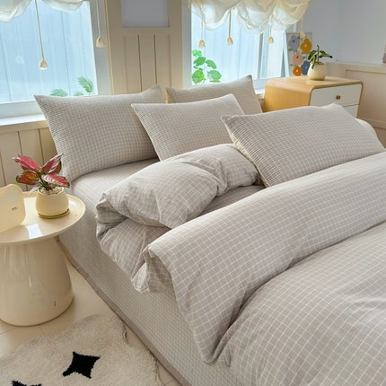 梦精灵家纺 2025新款全棉纯棉色织水洗棉床盖四件套加大尺寸单被套枕套 罗恩-灰