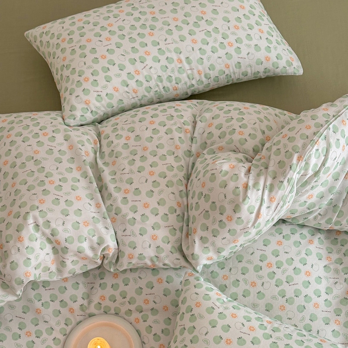 91家纺网 家纺一手货源 找家纺 塞纳 2026新款.全棉有氧双层纱四件套-场景一 大橘大利-绿