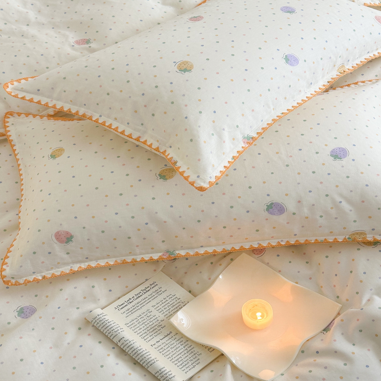 91家纺网 家纺一手货源 找家纺 2025新款工艺款全棉双层纱小清新贝壳边四件套 奶球