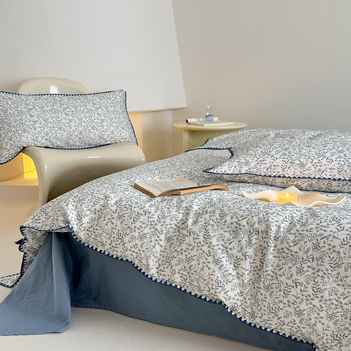 91家纺网 家纺一手货源 找家纺 2025新款工艺款全棉双层纱小清新贝壳边四件套 涟漪