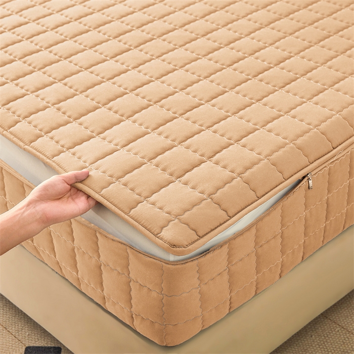 91家纺网 家纺一手货源 找家纺 欧邦 2025新款水洗原棉六面全包夹棉床笠 羊驼色