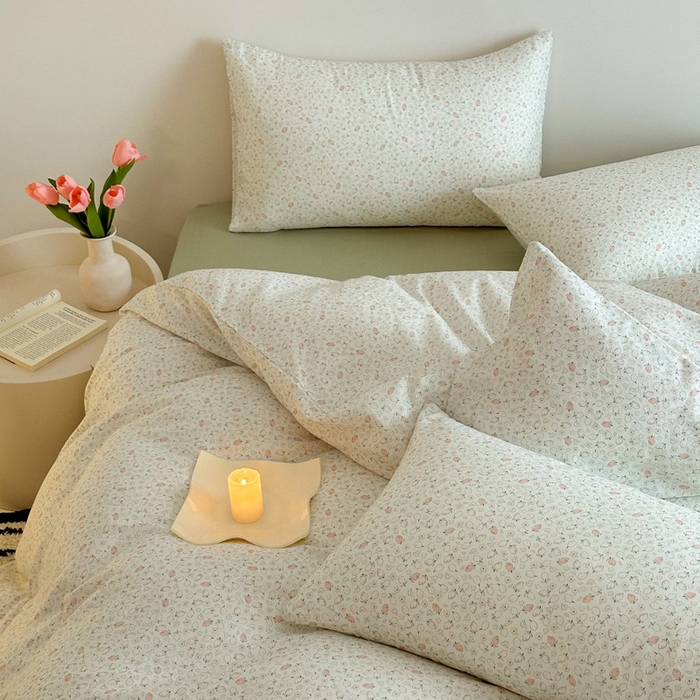 91家纺网 家纺一手货源 找家纺 2025新款全棉有氧A类母婴级双层纱印花四件套 柠语-绿