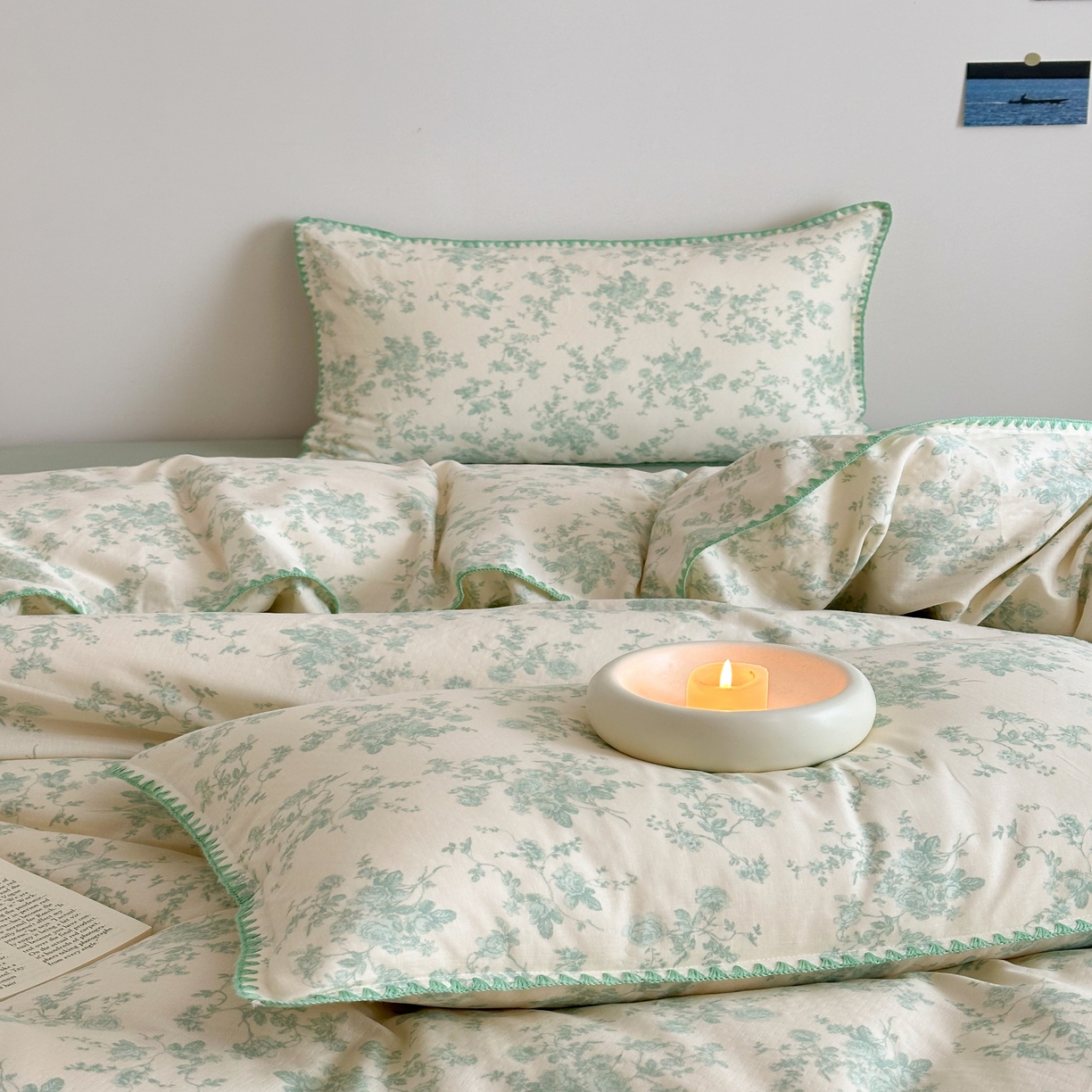 91家纺网 家纺一手货源 找家纺 2025新款工艺款全棉双层纱小清新贝壳边四件套 梨漫