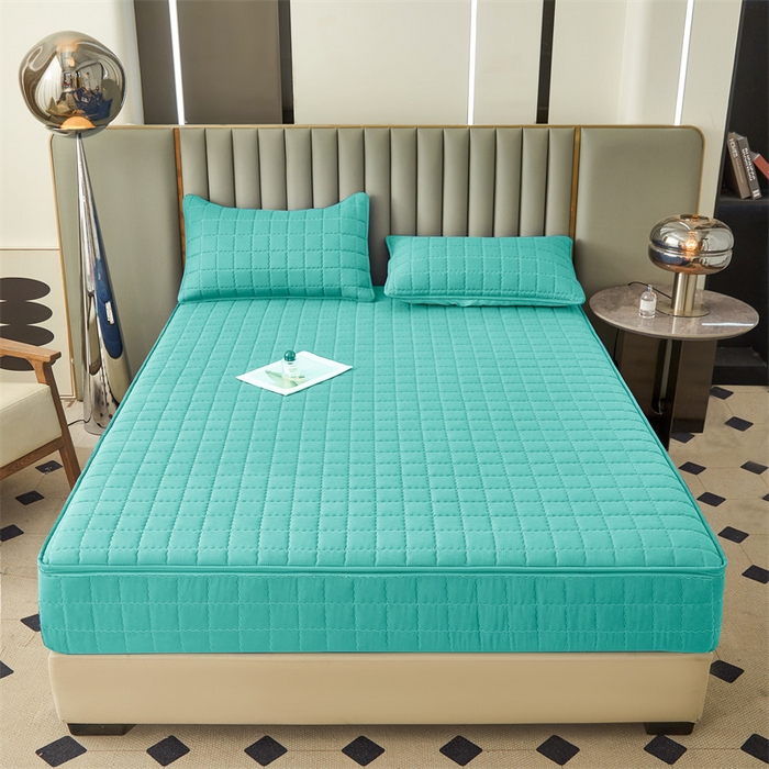 91家纺网 家纺一手货源 找家纺 欧邦 2025新款水洗原棉六面全包夹棉床笠 净水绿