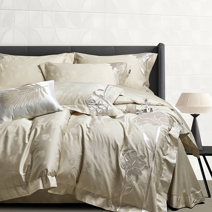 91家纺网 家纺一手货源 找家纺 （总）若未家居 LOVEWE HOUSE 2025新款50S长绒棉提花800T锦缎贴布绣工艺四件套-博洛-相机拍