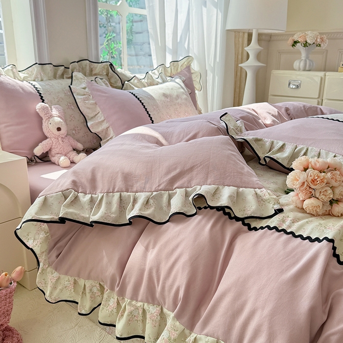 91家纺网 家纺一手货源 找家纺 大麦家纺 2025新款韩式花边亲肤棉四件套 花影