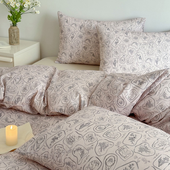 91家纺网 家纺一手货源 找家纺 塞纳 2026新款.全棉有氧双层纱四件套-场景一 浪漫主义-灰