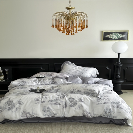 风向标家纺    2025新款兰精60S天丝数码印花四件套-墨意风华 墨意风华-烟灰