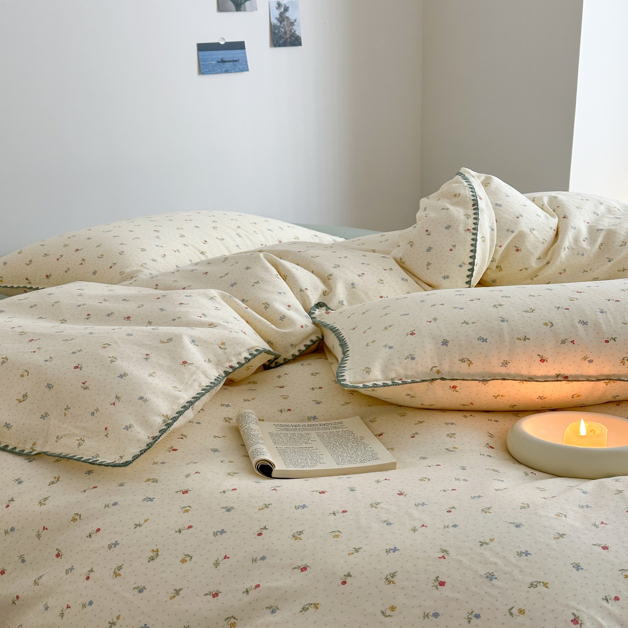 91家纺网 家纺一手货源 找家纺 2025新款工艺款全棉双层纱小清新贝壳边四件套 夏日