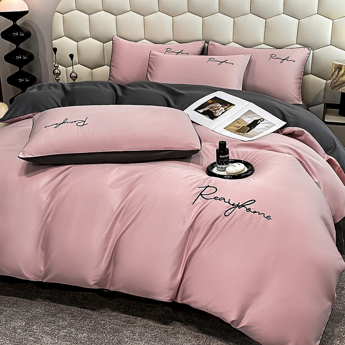 91家纺网 家纺一手货源 找家纺 富宁2025新款水洗真丝时光字母冰丝刺绣四件套 豆沙+高级灰