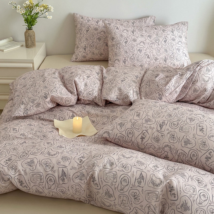 91家纺网 家纺一手货源 找家纺 塞纳 2026新款.全棉有氧双层纱四件套-场景一 浪漫主义-灰