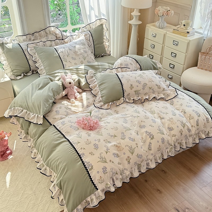 91家纺网 家纺一手货源 找家纺 大麦家纺 2025新款韩式花边亲肤棉四件套 风铃花