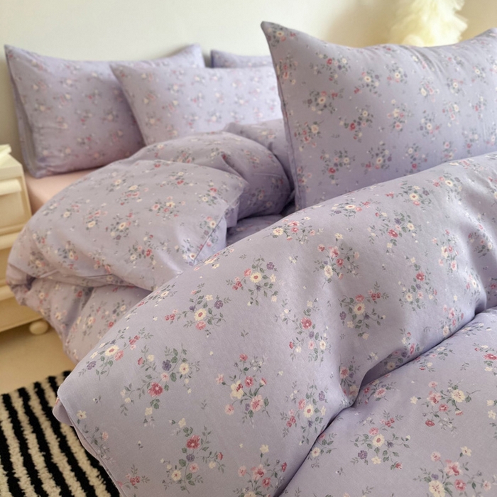 91家纺网 家纺一手货源 找家纺 塞纳 2026新款.全棉有氧双层纱四件套-场景一 汀花里-紫