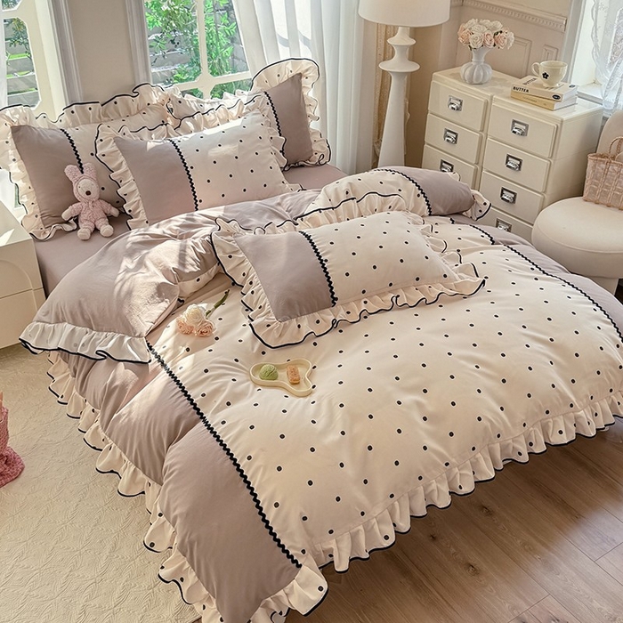 91家纺网 家纺一手货源 找家纺 大麦家纺 2025新款韩式花边亲肤棉四件套 波点