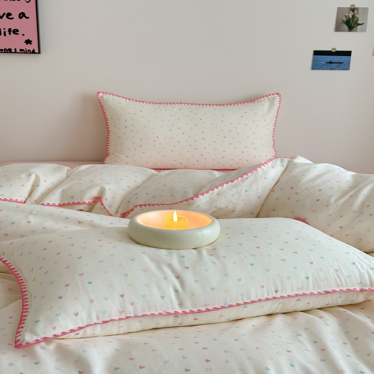 91家纺网 家纺一手货源 找家纺 2025新款工艺款全棉双层纱小清新贝壳边四件套 简爱