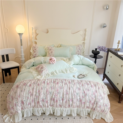 富盛家纺 2025新款水洗亲肤棉雪纺印绣工艺四件套公主风四件套巴黎春天系列 巴黎春天-绿