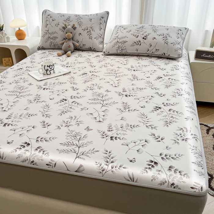 91家纺网 家纺一手货源 找家纺 2025春夏新款独家研发太空层凉感软席冰丝印花凉席床笠款 水墨叶