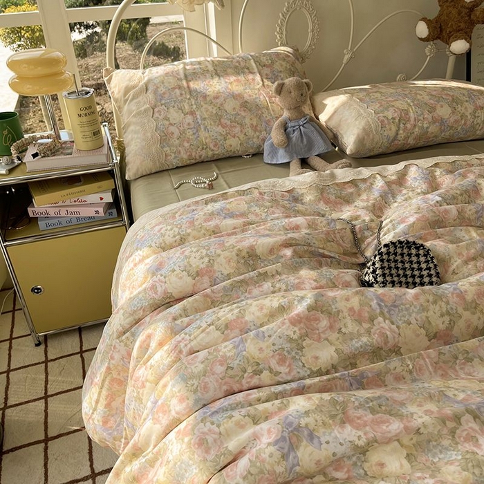 91家纺网 家纺一手货源 找家纺 （总）HL原创 2025法式花边油画风全棉双层纱四件套