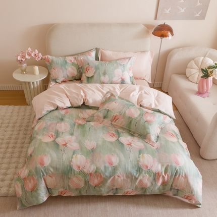 91家纺网 家纺一手货源 找家纺 2025新款全棉纯棉【如梦令】红金裸盖棉四件套【标准号全网控价（折后券后）不低于199元】 青枝柔蔓