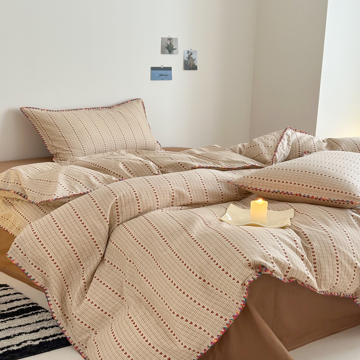 91家纺网 家纺一手货源 找家纺 2025新款工艺款全棉双层纱小清新贝壳边四件套 情初