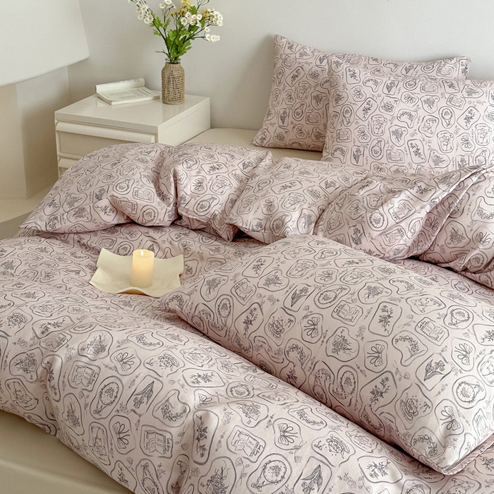 91家纺网 家纺一手货源 找家纺 塞纳 2026新款.全棉有氧双层纱四件套-场景一 浪漫主义-灰