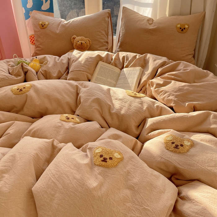 91家纺网 家纺一手货源 找家纺 慕尚家纺 2025新款春夏新款色织水洗棉毛巾绣四件套 嘟嘟熊 咖