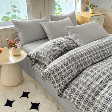 梦精灵家纺 2025新款全棉纯棉色织水洗棉床盖四件套加大尺寸单被套枕套 雅灰