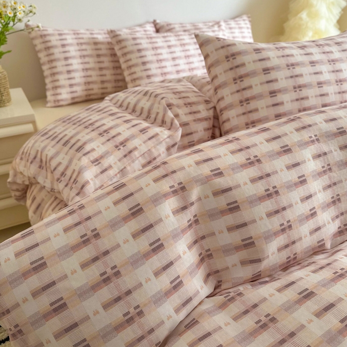 91家纺网 家纺一手货源 找家纺 塞纳 2026新款.全棉有氧双层纱四件套-场景一 云缦-咖