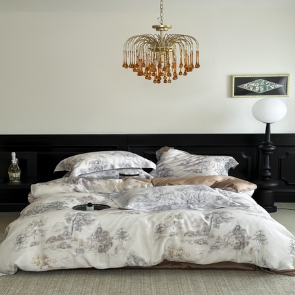 风向标家纺    2025新款兰精60S天丝数码印花四件套-墨意风华 墨意风华-卡其