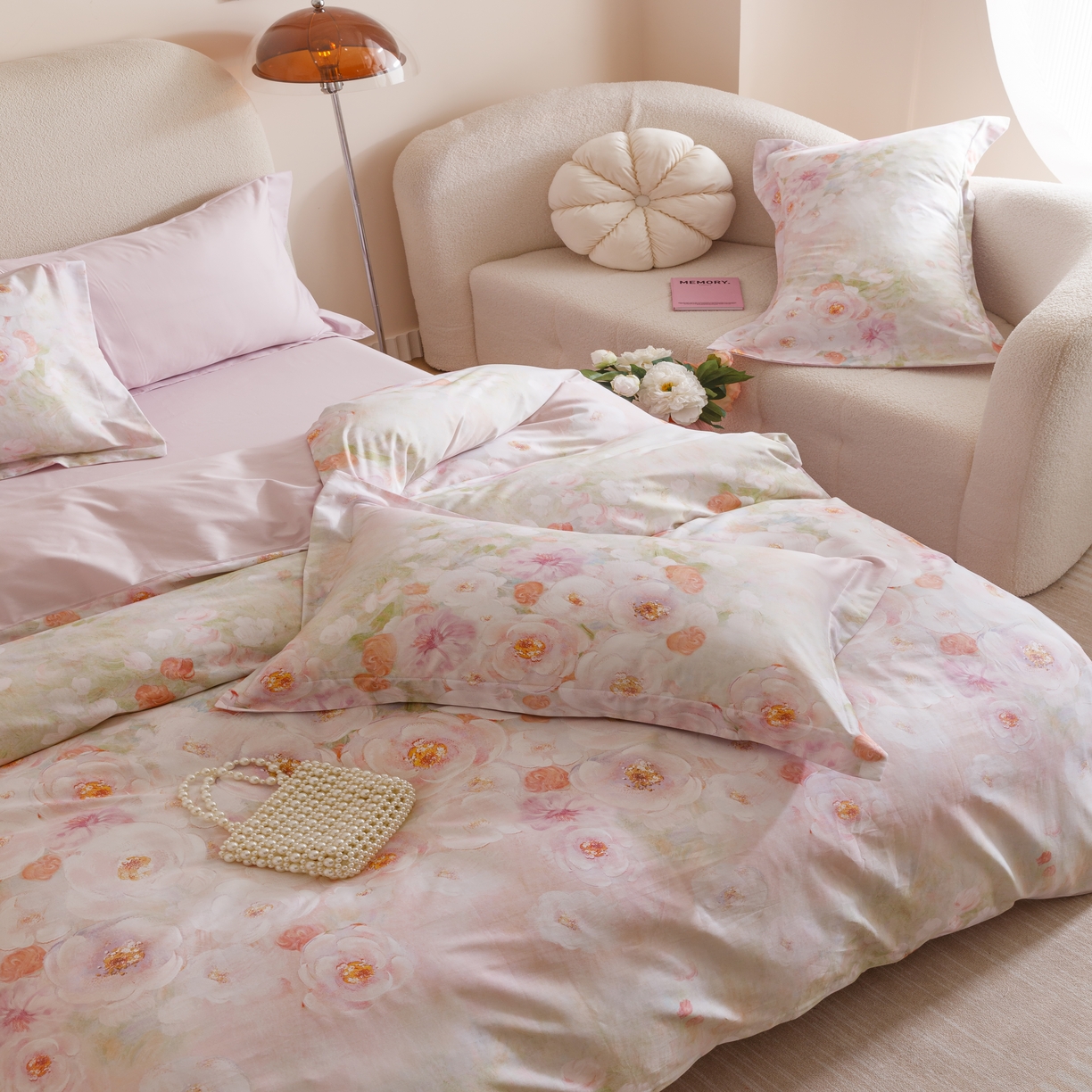 91家纺网 家纺一手货源 找家纺 2025新款全棉纯棉【如梦令】红金裸盖棉四件套【标准号全网控价（折后券后）不低于199元】 繁花漫漫