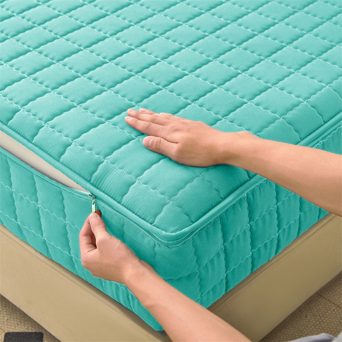 91家纺网 家纺一手货源 找家纺 欧邦 2025新款水洗原棉六面全包夹棉床笠 净水绿