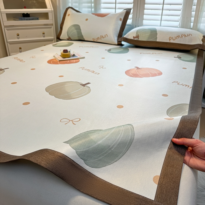 91家纺网 家纺一手货源 找家纺 席佬大 2025新款高克重卡通数码印花冰藤席床席床笠款 波点南瓜-平铺款