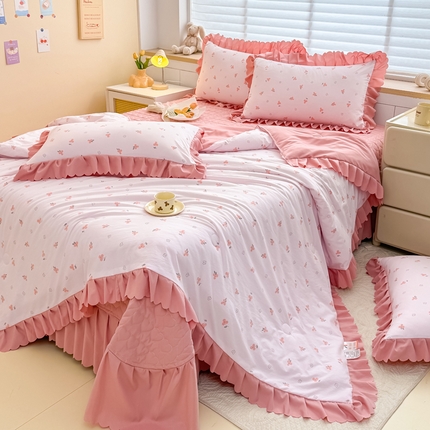 慕克斯 2025新款奶小棉韩版床盖款夏被四件套 花颜-粉