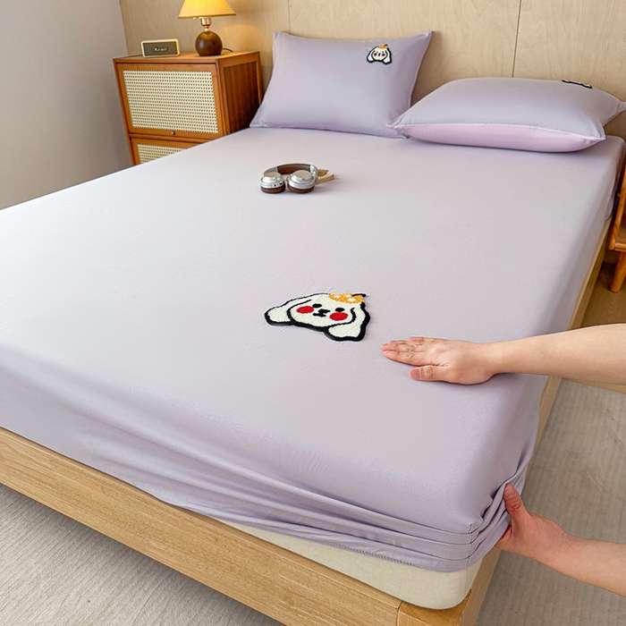 91家纺网 家纺一手货源 找家纺 澳梵家居 2025新款A类全棉毛巾绣床笠 腮红小狗-紫