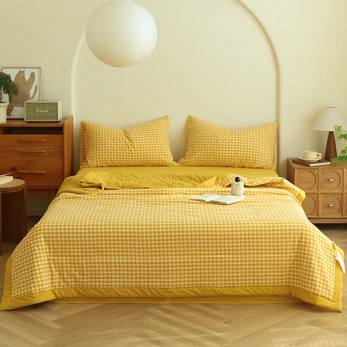 91家纺网 家纺一手货源 找家纺 雯雨家纺 2025新款A类无印风里外全棉纯棉水洗棉新疆棉花夏被夏凉被空调被 黄小格