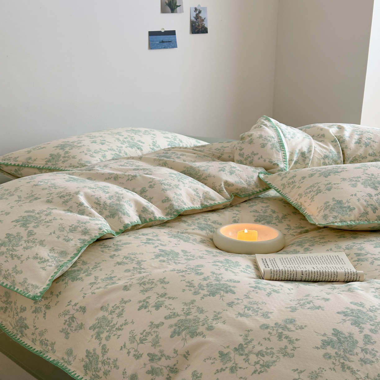 91家纺网 家纺一手货源 找家纺 2025新款工艺款全棉双层纱小清新贝壳边四件套 梨漫