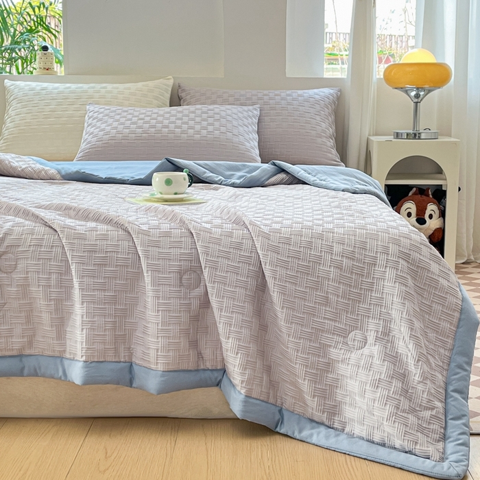 91家纺网 家纺一手货源 找家纺 欧邦 2025新款华夫格水洗棉夏被 灰＋蓝