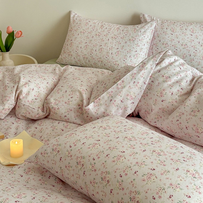 91家纺网 家纺一手货源 找家纺 2025新款全棉有氧A类母婴级双层纱印花四件套 拾秋-米粉