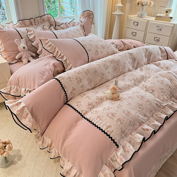 91家纺网 家纺一手货源 找家纺 大麦家纺 2025新款韩式花边亲肤棉四件套 繁花