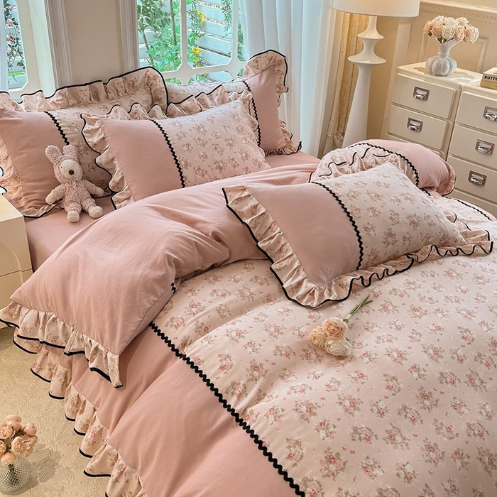 91家纺网 家纺一手货源 找家纺 大麦家纺 2025新款韩式花边亲肤棉四件套 繁花