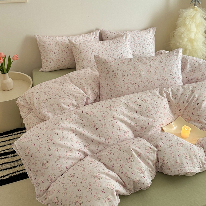 91家纺网 家纺一手货源 找家纺 2025新款全棉有氧A类母婴级双层纱印花四件套 拾秋-米粉